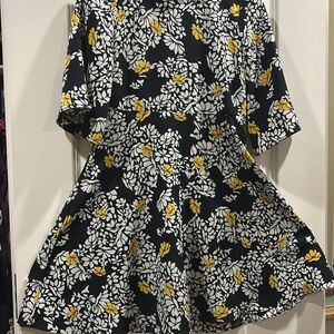 Zara Black Floral Swing mini dress band collar Short Wide Sleeves zipUp size XS